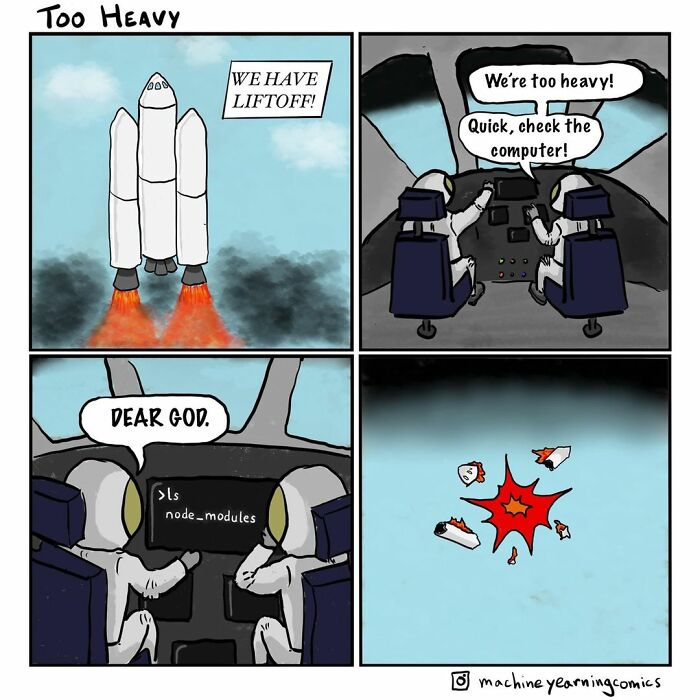 Dark comic showing astronauts facing unexpected trouble during rocket liftoff with a funny twist on heavy payload and coding errors.