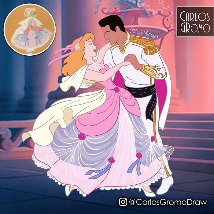 Disney characters reimagined as classical paintings and pop culture icons, featuring Cinderella and Prince Charming dancing.