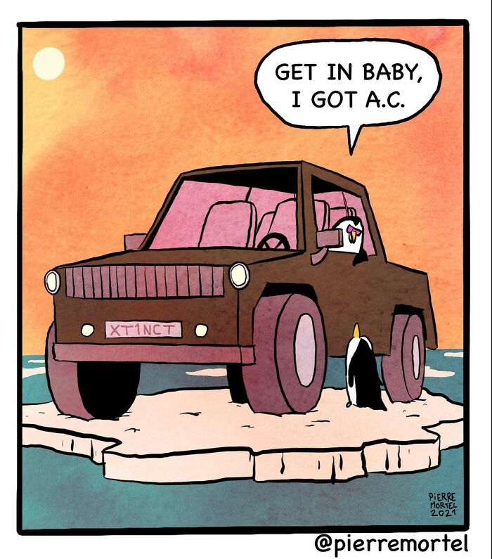 Cartoon comic showing a penguin offering a ride in a car with air conditioning on an ice floe, funny city comic scene.