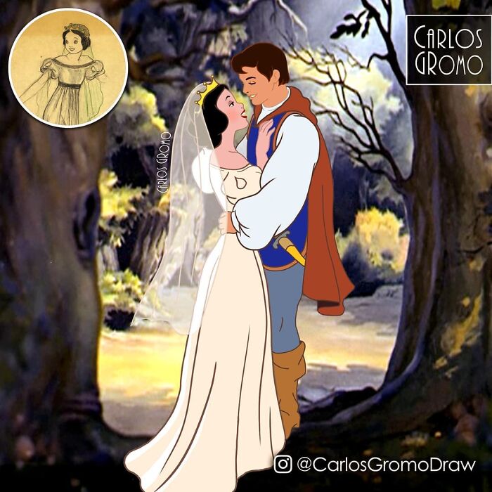 Disney characters reimagined as classical paintings and pop culture references by artist Carlos Gromo in a romantic forest scene.