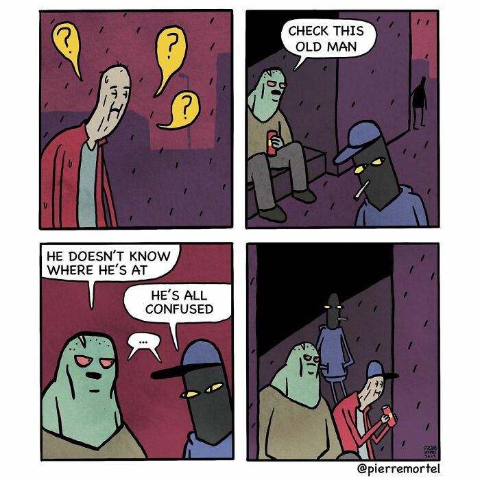 Comic panels depicting ridiculous city scenes with confused characters and unusual interactions in an imagined urban setting.