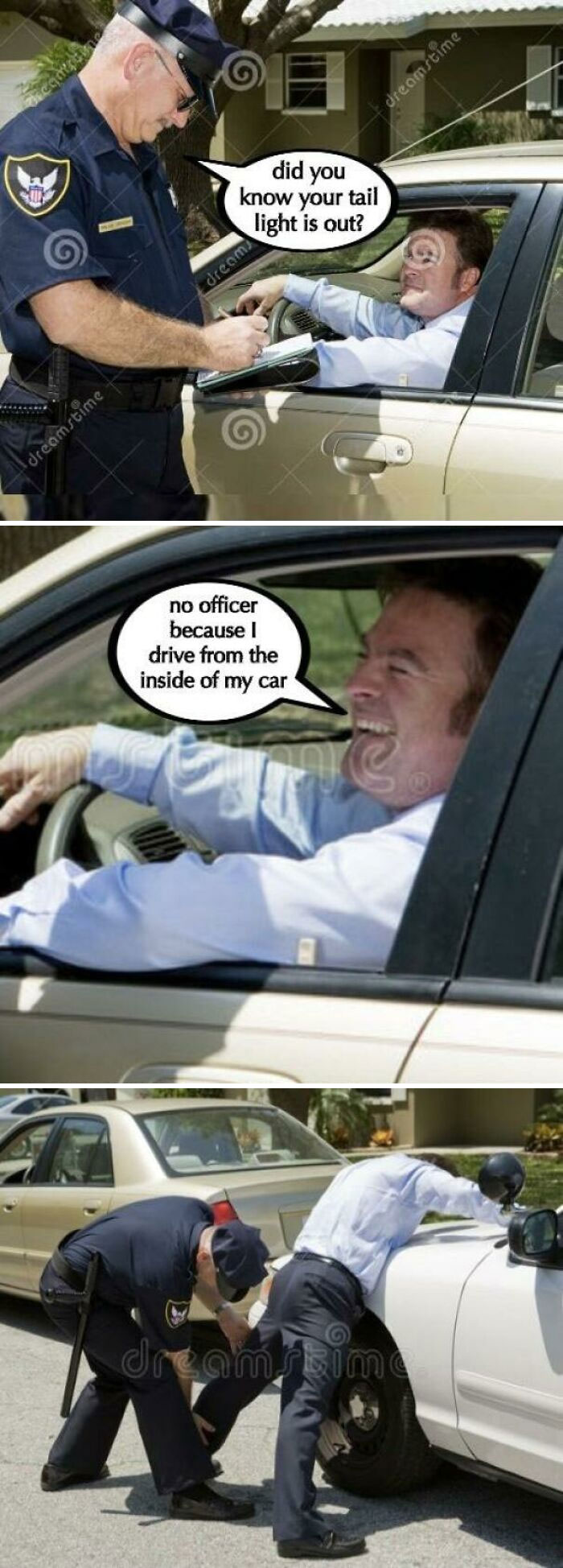 Police officer and driver exchanging a dad joke in a funny stock photo scenario.