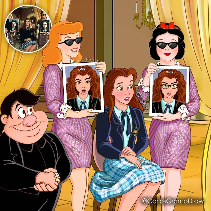 Disney characters reimagined as famous classical paintings and pop culture references in a colorful animated style.