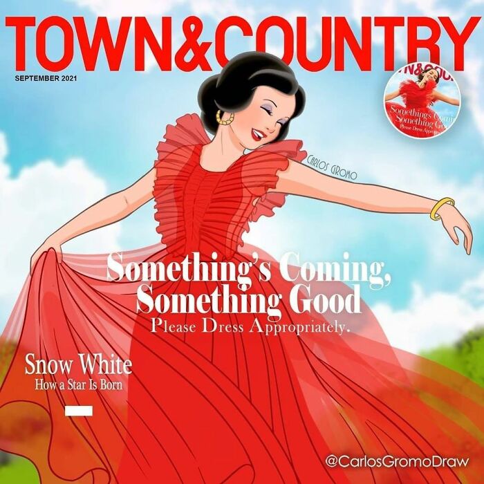 Snow White reimagined in a red flowing dress on a magazine cover blending Disney characters with classical paintings and pop culture.