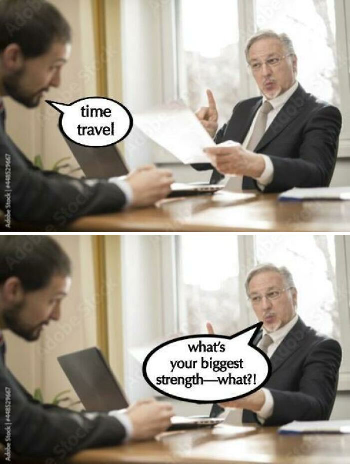 Business meeting with a dad joke twist: man humorously claims time travel as his strength, surprising interviewer.