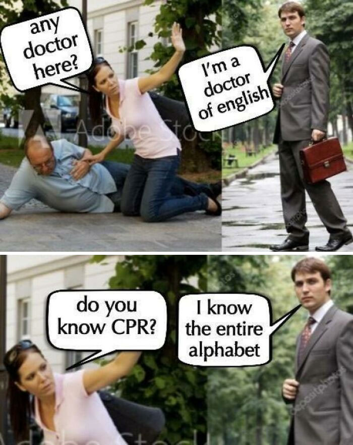 Cringy stock photo with dad joke: "Doctor of English" responds to CPR request with alphabet knowledge.