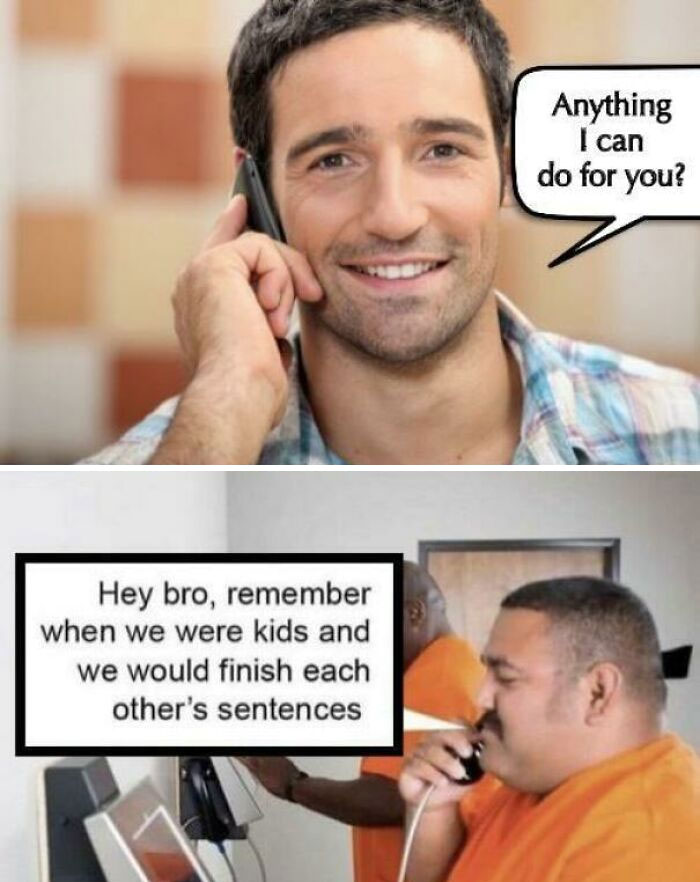 Man on phone with speech bubble, other man in orange smiling. Dad jokes humor added to cringy stock photos.