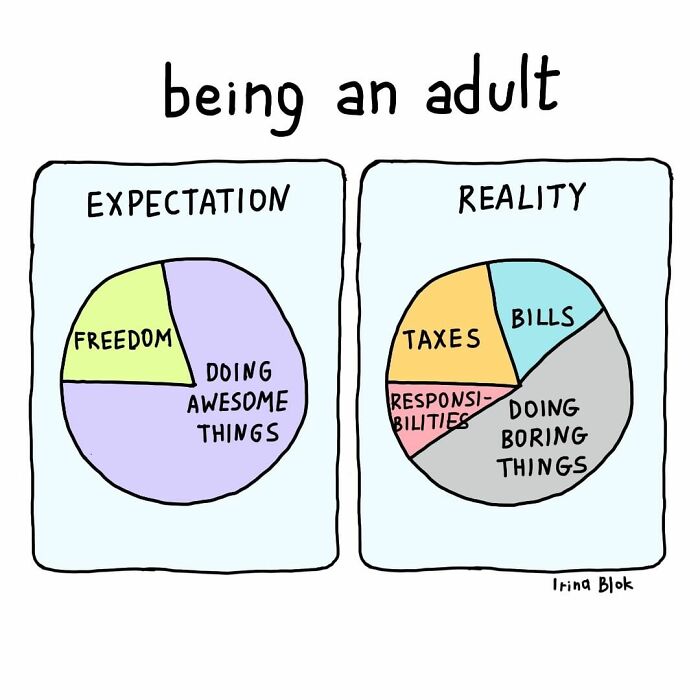 Cartoon showing the struggles of being human with expectation vs reality of adult life responsibilities and everyday tasks.