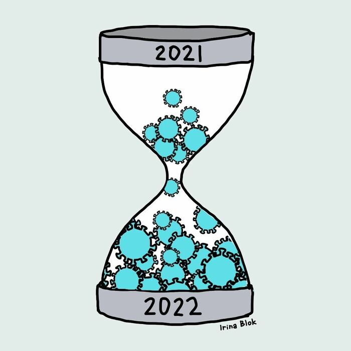 Hourglass cartoon showing coronavirus shapes flowing from 2021 to 2022, illustrating struggles of being human and everyday life.