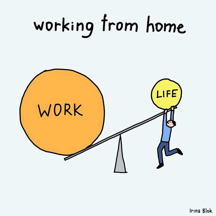 Cartoon showing the struggle of balancing work and life while working from home, illustrating everyday life challenges.