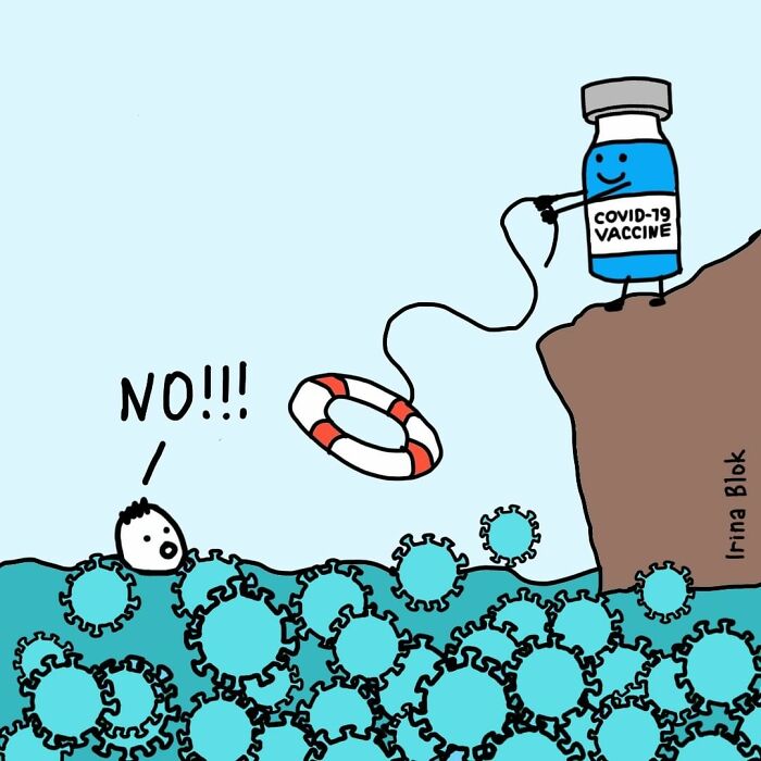 Cartoon showing the struggles of being human with a COVID-19 vaccine offering a lifeline amid virus particles.