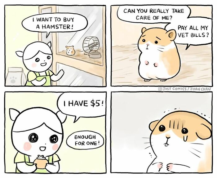 Comic panels showing a child wanting to buy a hamster, highlighting concerns about animal care and factory farming issues.