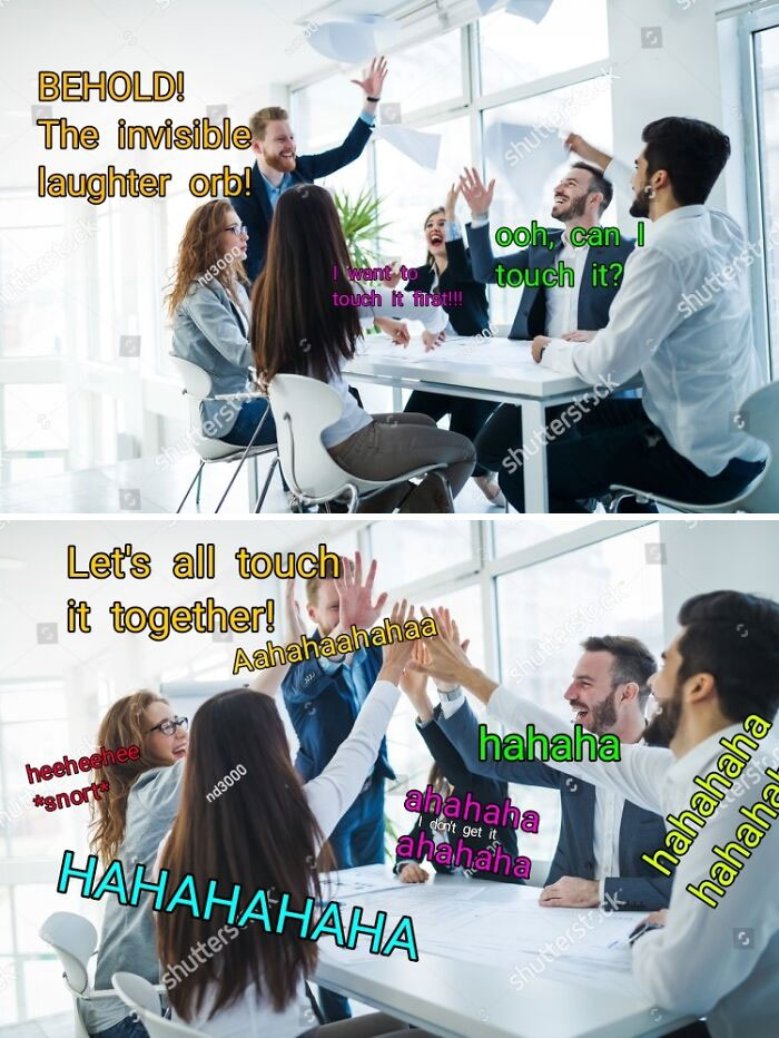 Office meeting with people adding dad jokes to stock photo, laughing and high-fiving at an invisible laughter orb.