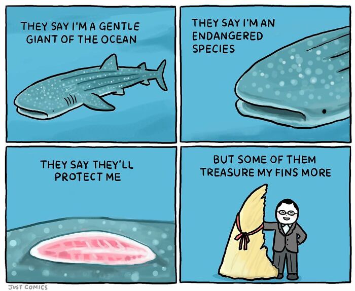 Comic illustrating animal a***e with a whale shark, highlighting endangered species and the impact of factory farming.