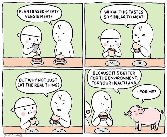 Two characters discuss plant-based meat’s taste and benefits in a comic highlighting animal a***e and factory farming issues.