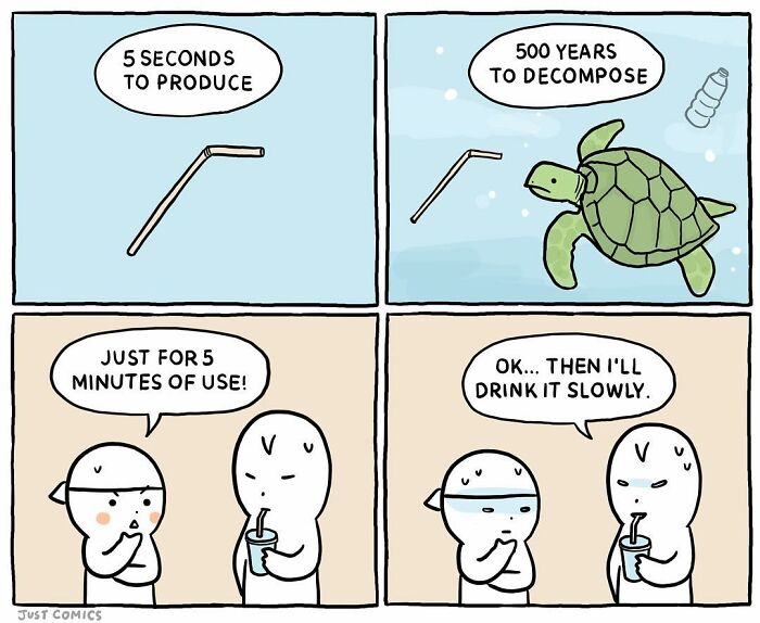 Comic showing a turtle affected by plastic pollution, highlighting animal a***e and factory farming issues.