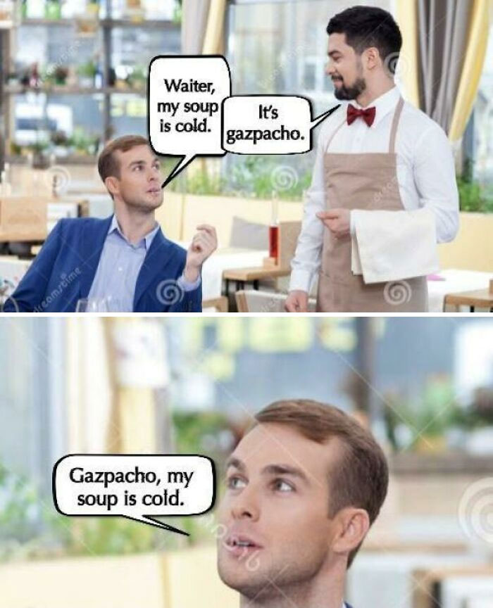 Man in restaurant using dad joke about cold soup with waiter in stock photo.