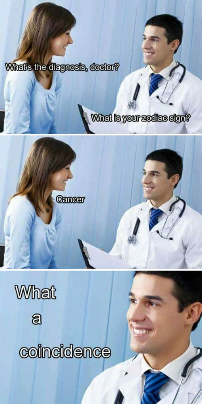 Doctor and patient with a dad joke about astrology in a cringy stock photo.