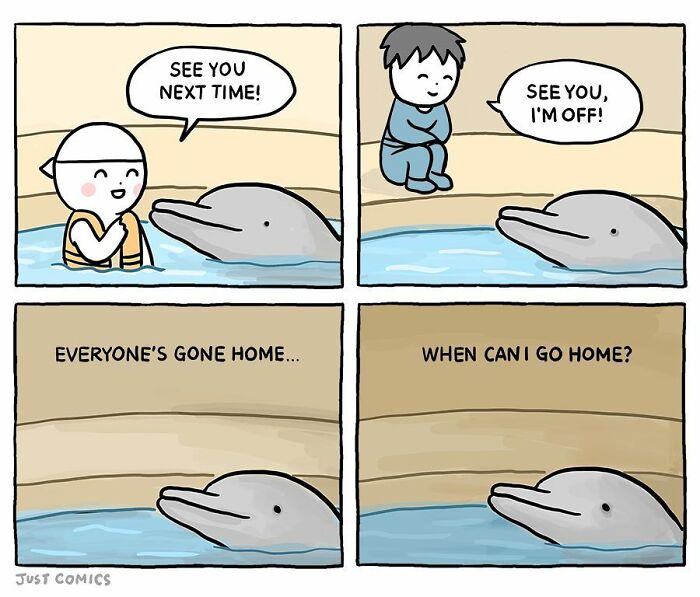 Comic panels showing a dolphin and children, highlighting themes of animal a***e and the longing for freedom in factory farming.