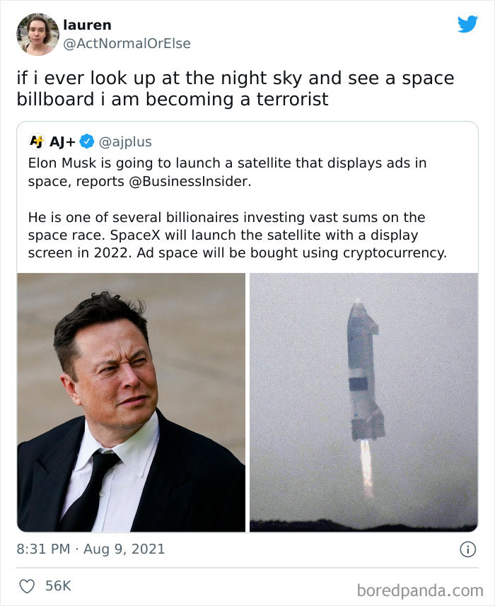 Tweet discussing concerns about space billboards and satellite ads, reflecting humorous anti-consumption views in an online community.