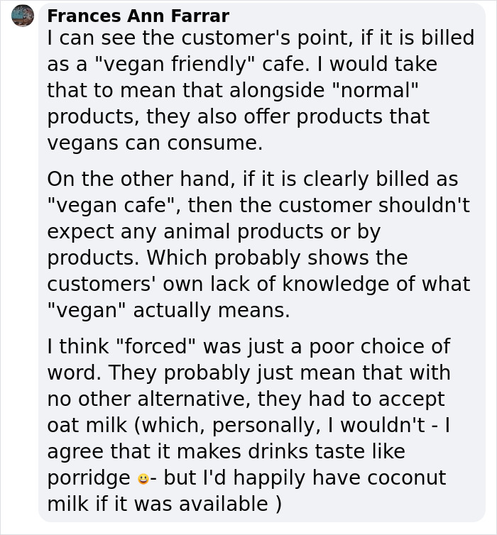 Customer Rates A Vegan Café With One Star Because They Didn't Have 'Normal' Milk, The Owner Replies With A Witty Comeback Customer Rates A Vegan Café With One Star Because They Didn't Have 'Normal' Milk, The Owner Replies With A Witty Comeback