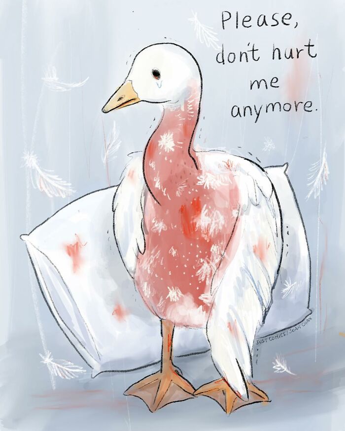 Injured goose with bloodstains and feathers, asking please don’t hurt me anymore, highlighting animal a***e in factory farming.