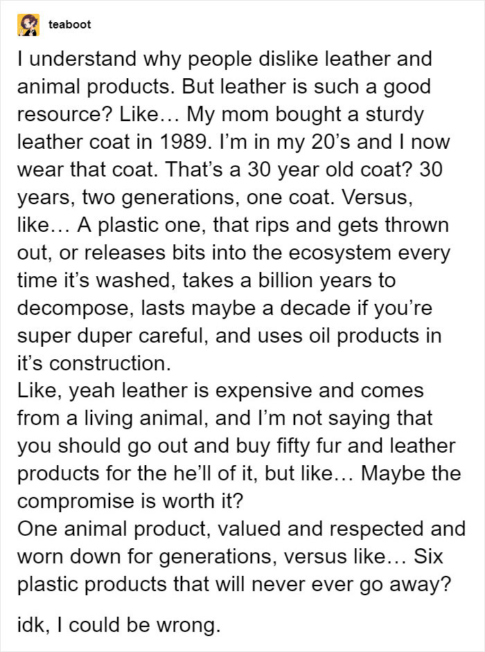 Insightful and funny take on anti-consumption debating leather durability versus plastic waste impact.