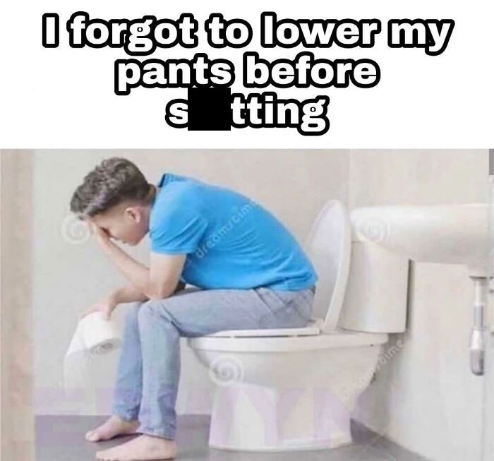 Man on toilet with head in hand, holding toilet paper, illustrating a humorous dad joke.