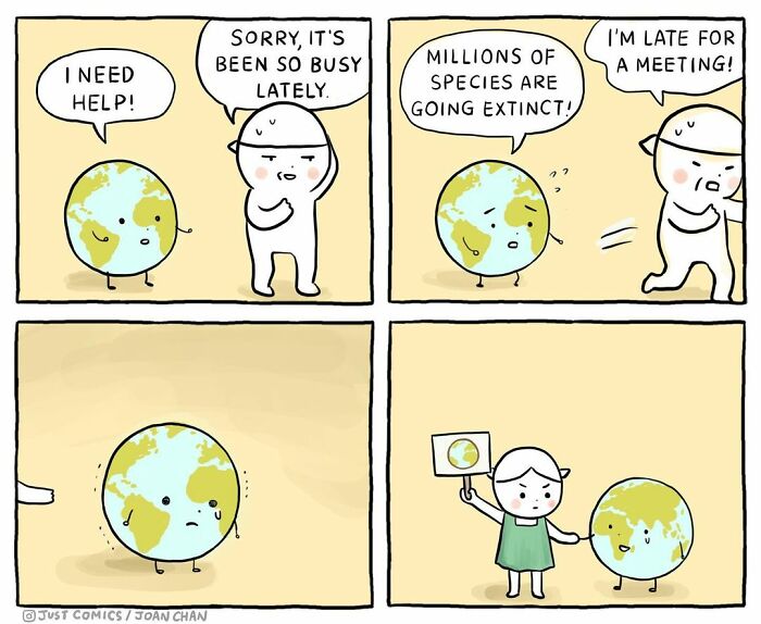 Comic panels showing a sad Earth asking for help about species extinction, ignored by a busy person, highlighting animal a***e issues.