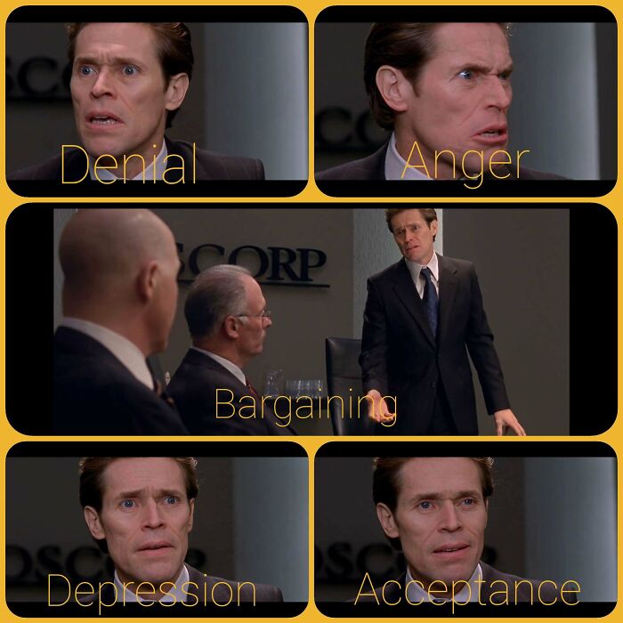 In Spider-Man (2002) After Recieving The News Of His Dismissal From The Board Of Oscorp, Norman Osborn Goes Through The Five Stages Of Grief In A Microcosm
