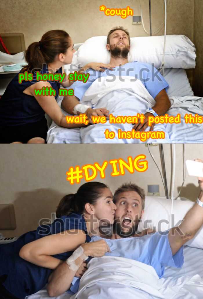 Man in hospital bed taking selfie with woman, adding humor to cringy stock pic with funny dad joke captions.