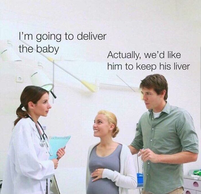 Doctor examining a pregnant woman while a man responds with a dad joke about delivering a liver in a cringy stock pic.