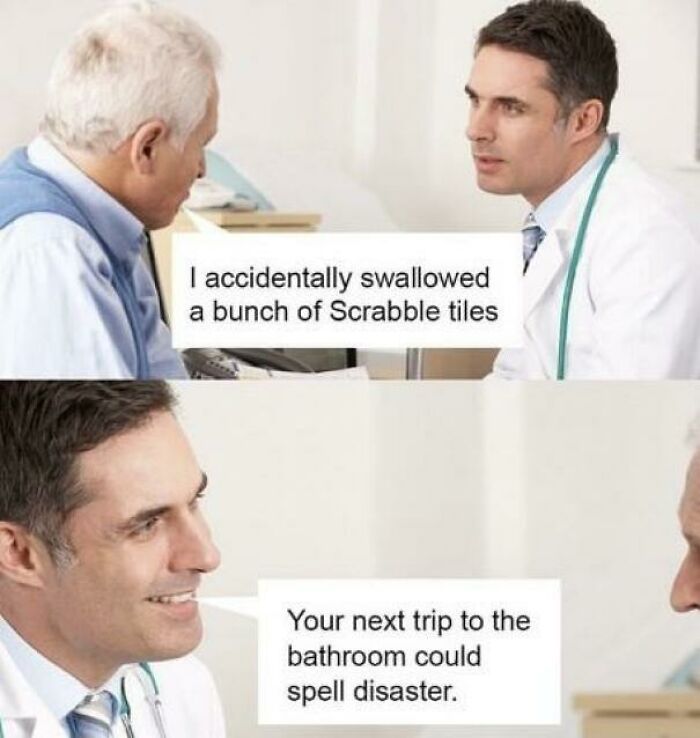 Doctor responding with a dad joke to a patient about swallowing Scrabble tiles in a humorous stock photo.