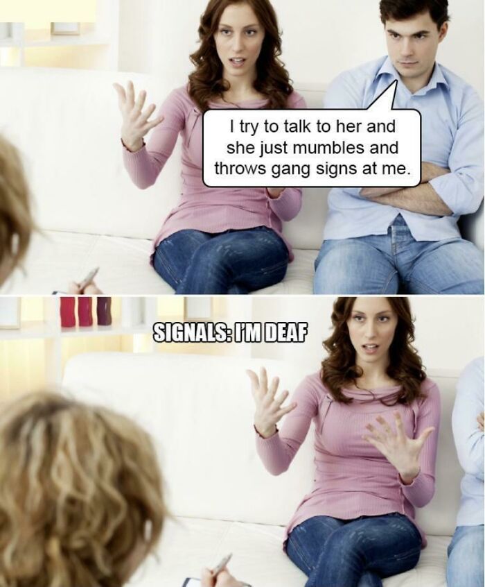 Cringy stock pic transformed with a dad joke: misunderstanding sign language humor.