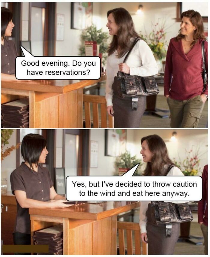 Woman tells a dad joke at restaurant reception from cringy stock pic, eliciting humor with witty banter.