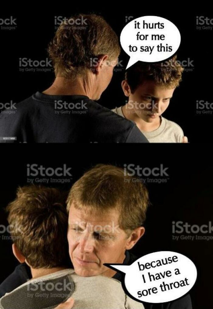Man and boy embracing, with a dad joke about having a sore throat.