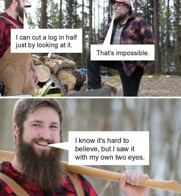 Bearded man makes a dad joke about cutting logs, smiling with an axe; funny stock photo.