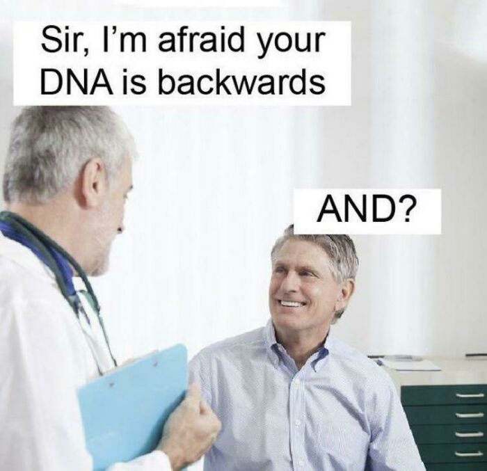 Doctor delivering a dad joke about DNA to a smiling patient in a humorous stock photo.