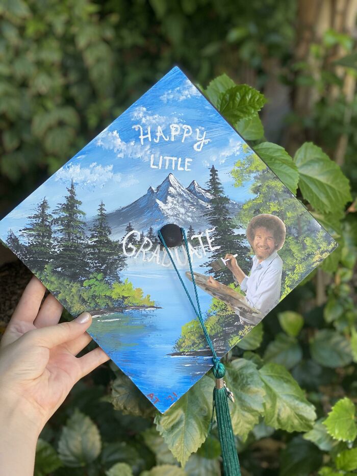 Just Graduated High School And Decided To Make A Bob Ross Graduation Cap