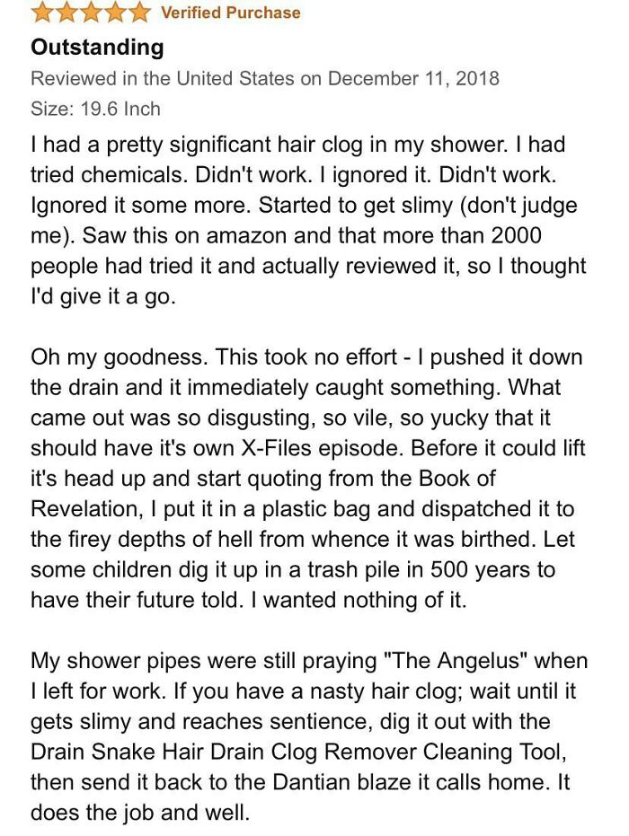 Wasn't Expecting To Laugh So Hard At A Review About A Plastic Strip That Helps You Remove Hair From Your Drain