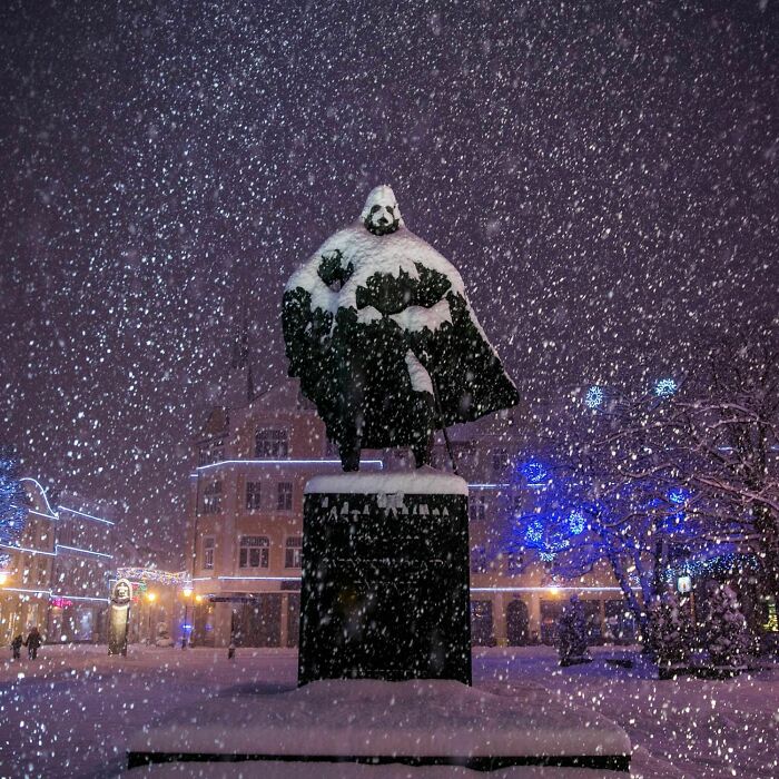 The Statue Of Jakub Wejher, The Founder Of A Polish Town Wejherowo, Looks Like Darth Vader When It's Snowing