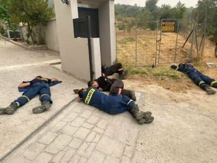 The True Heroes Of Greece At This Moment. Firefighters Sleep Exhausted After An Intense Night Fighting The Biggest Wildfire Of Attica In Decades
