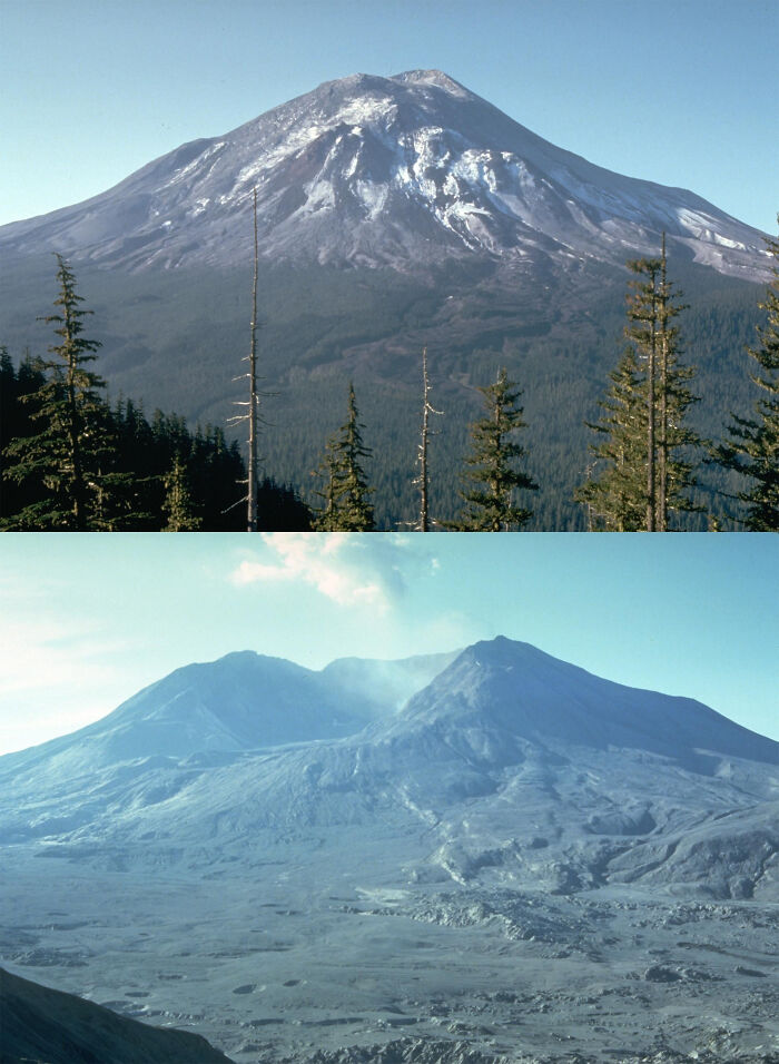 "Important historical photo of Mount St. Helens before and after the 1980 eruption, highlighting dramatic landscape changes."