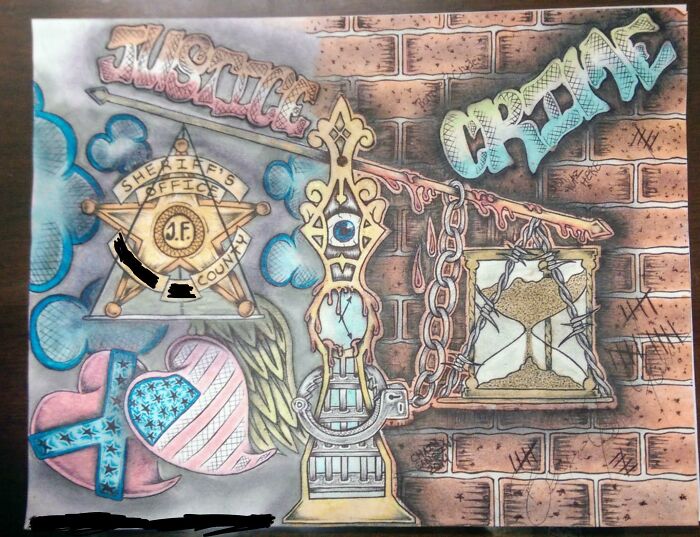 Asked An Inmate To Draw His Interpretation Of The Prison System. They Are Only Allowed A Blue Pen. Color Was Done By Melting Skittles And M&ms