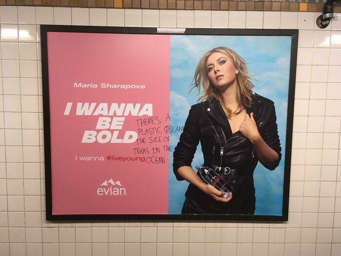 "There's A Plastic Island The Size Of Texas In The Ocean" Written On A Bottled Water Ad