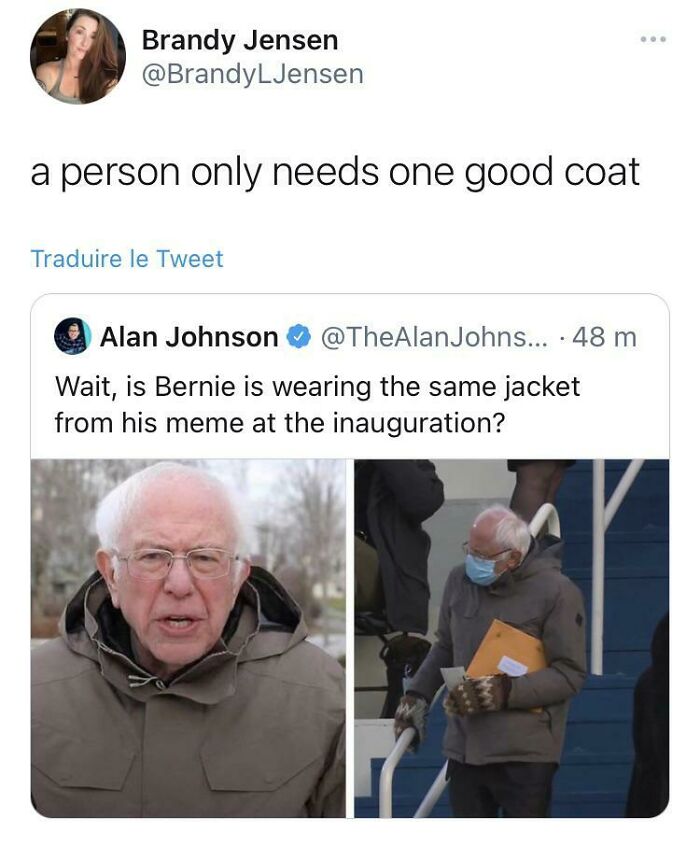 Tweet screenshot highlighting a humorous take on anti-consumption focusing on the idea of owning one good coat.