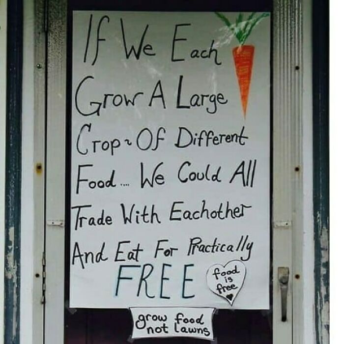 Handwritten sign promoting anti-consumption with message about growing and trading food for free on a door.
