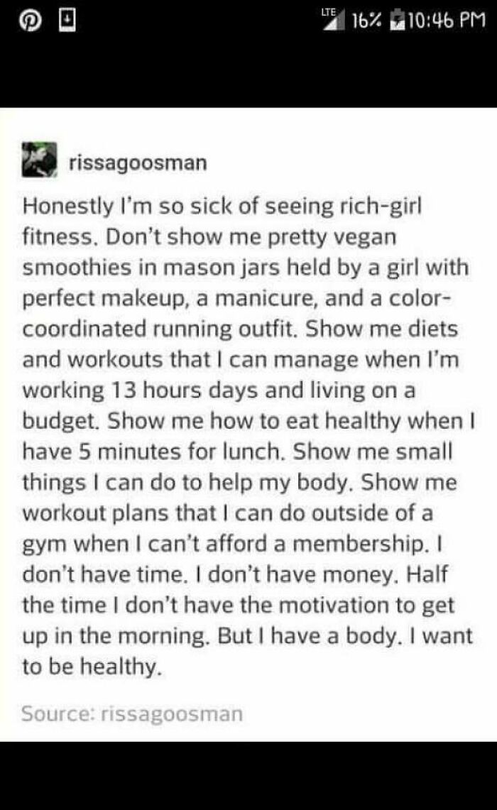Text post expressing frustration with rich-girl fitness trends, seeking practical anti-consumption health tips for busy budgets.