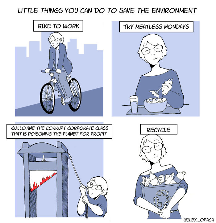 Cartoon showing funny and insightful anti-consumption actions like biking, meatless Mondays, recycling, and satirical activism.