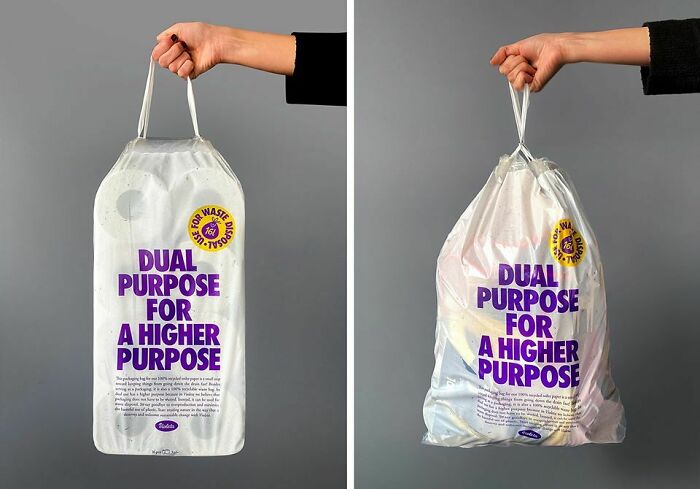 Reusable shopping bags held by hands, promoting anti-consumption and sustainable living with funny, insightful messaging.